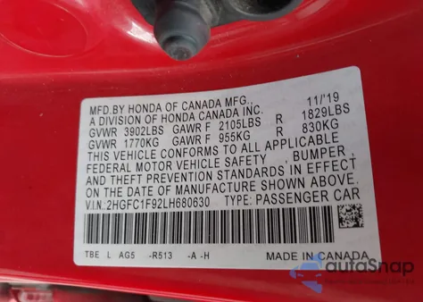 2020 Honda Civic Touring из США, поврежденный, VIN 2HGFC1F92LH680630